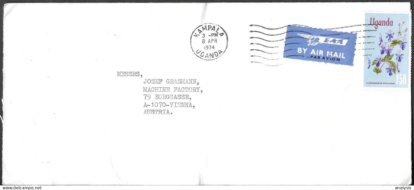 Uganda Kampala Cover Mailed To Austria 1974. Plant Clerodendrum Myricoides Stamp - Uganda (1962-...)