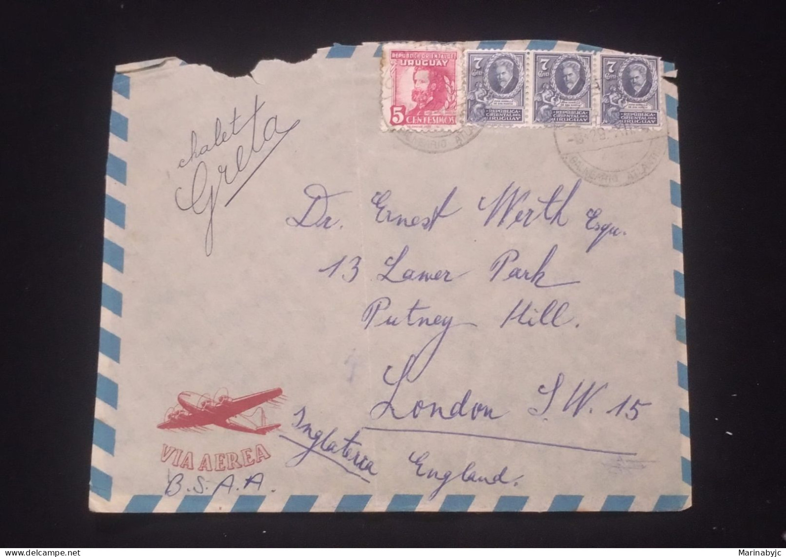 C) 1945 URUGUAY, AIR MAIL COVER SENT TO ENGLAND LONDON, MULTIPLE STAMPS. - Uruguay