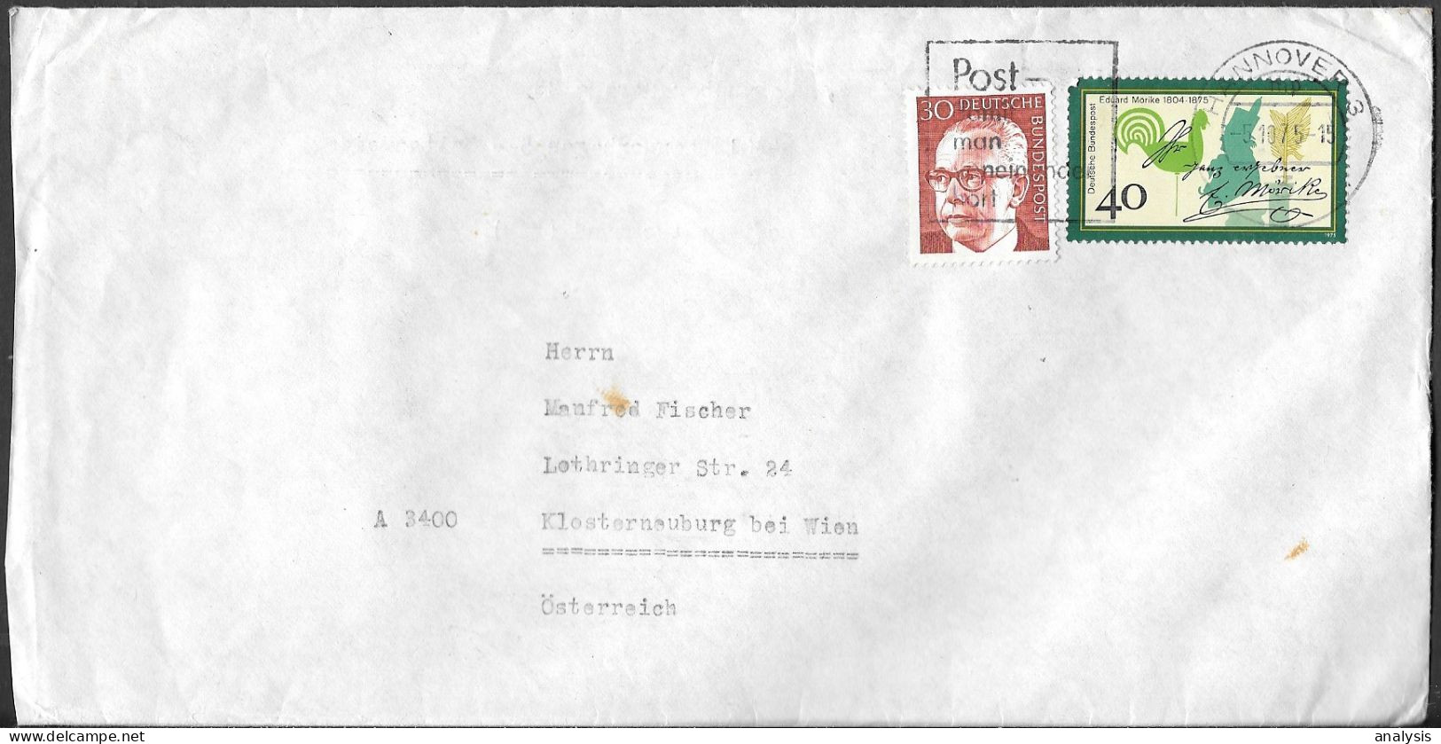 Germany Hannover Cover Mailed To Austria 1975. 70Pf Rate Eduard Mörike Stamp - Lettres & Documents