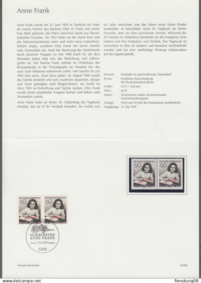 Bund: Minister Card - Ministerkarte Typ IV, Mi-Nr. 1013: " 50. Geburtstag Von Anne Frank 1929-1945 "  X - Lettres & Documents