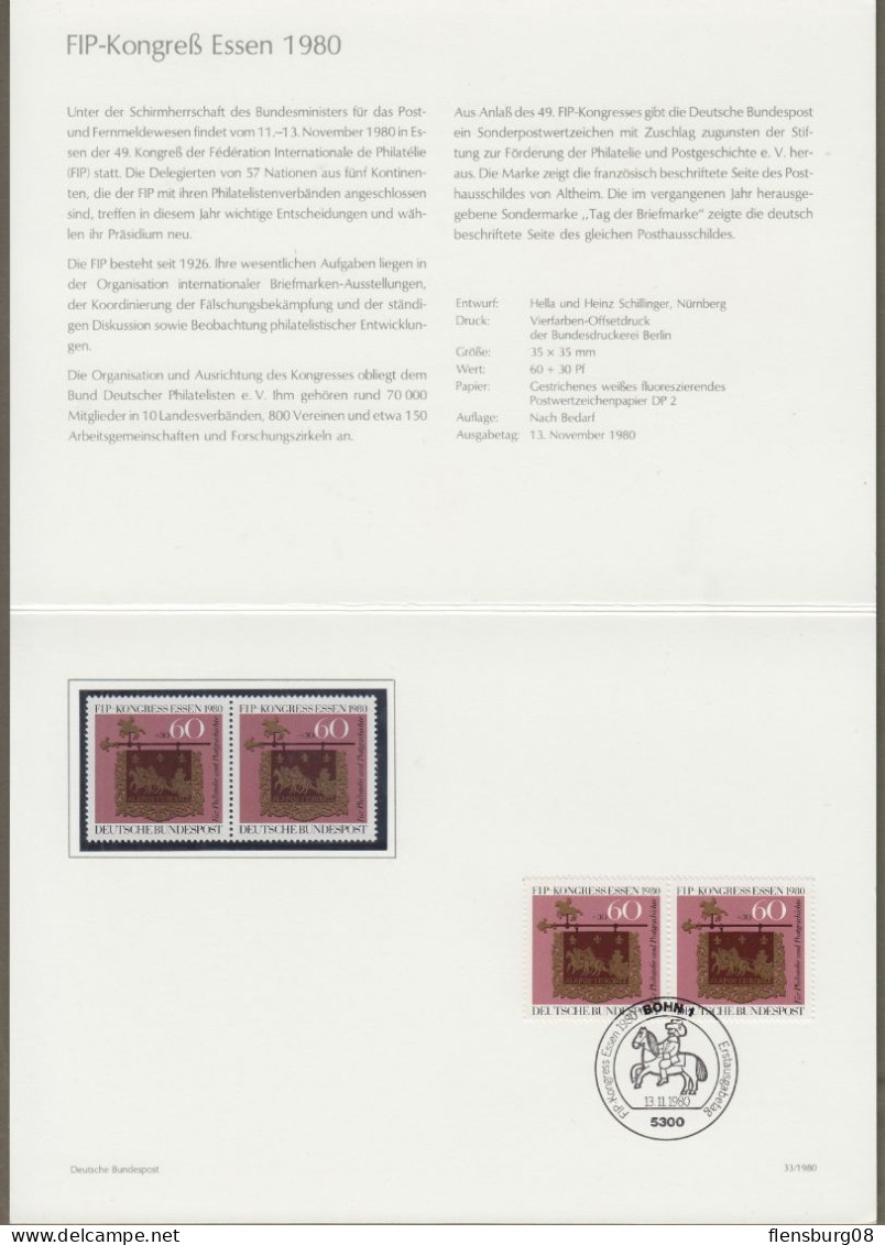 Bund: Minister Card - Ministerkarte Typ IV, Mi-Nr. 1065: " FIP-Kongreß Essen 1980 "  X - Cartas & Documentos