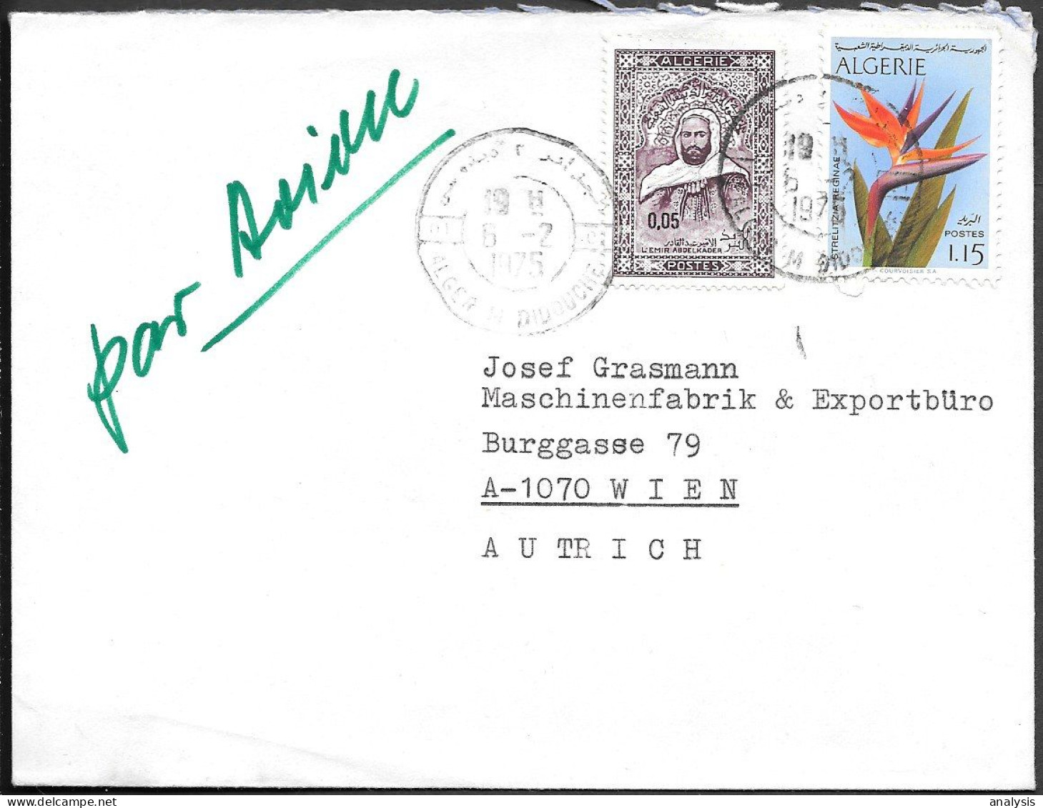 Algeria Alger Cover Mailed To Austria 1975. Emir Abdelkader Strelitzia Reginae Flower Plant Stamp - Algeria (1962-...)
