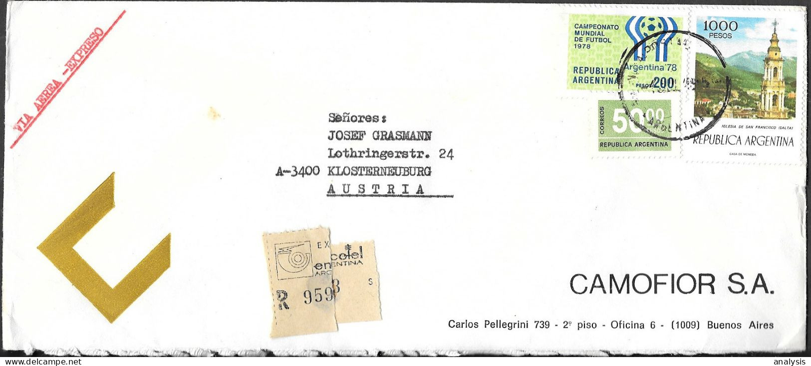 Argentina Registered Cover Mailed To Klosterneuburg Austria 1978. 1250P Rate Catedral De Salta Stamp - Briefe U. Dokumente