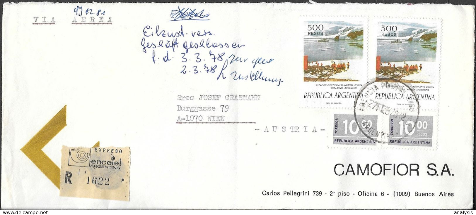Argentina Registered Cover Mailed To Austria 1978. 1020P Rate Antarctica Stamps - Covers & Documents