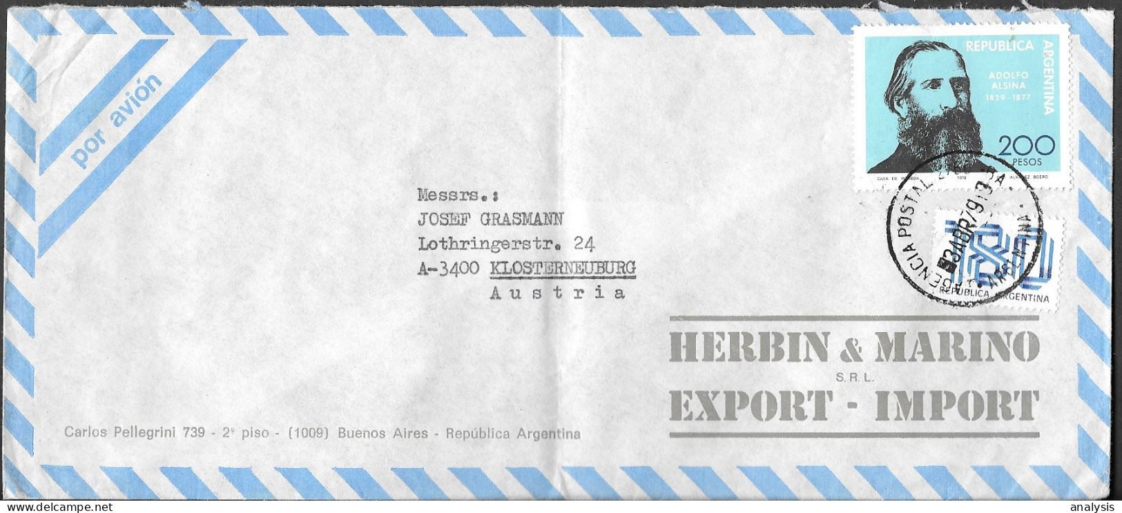 Argentina Cover Mailed To Austria 1979. 200P Rate Adolfo Alsina Stamp - Briefe U. Dokumente