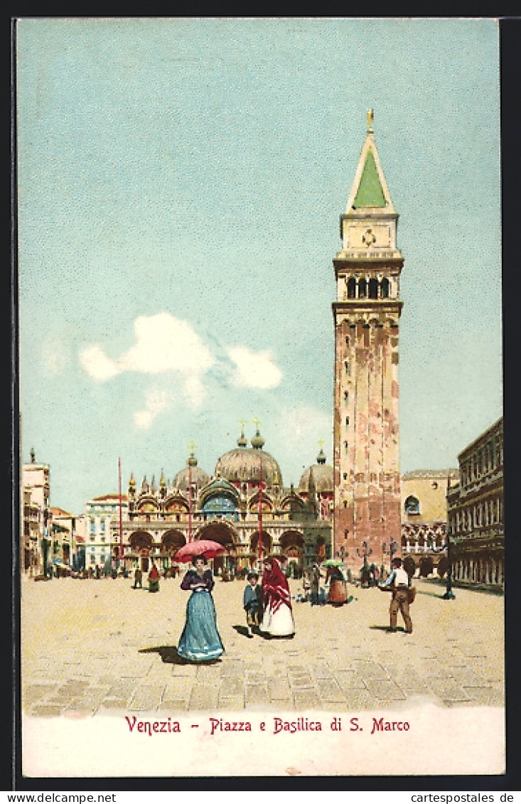 Cartolina Venezia, Piazza E Basilica Di S. Marco, Passanten Auf Dem Markusplatz Vor Der Basilika  - Venezia (Venice)