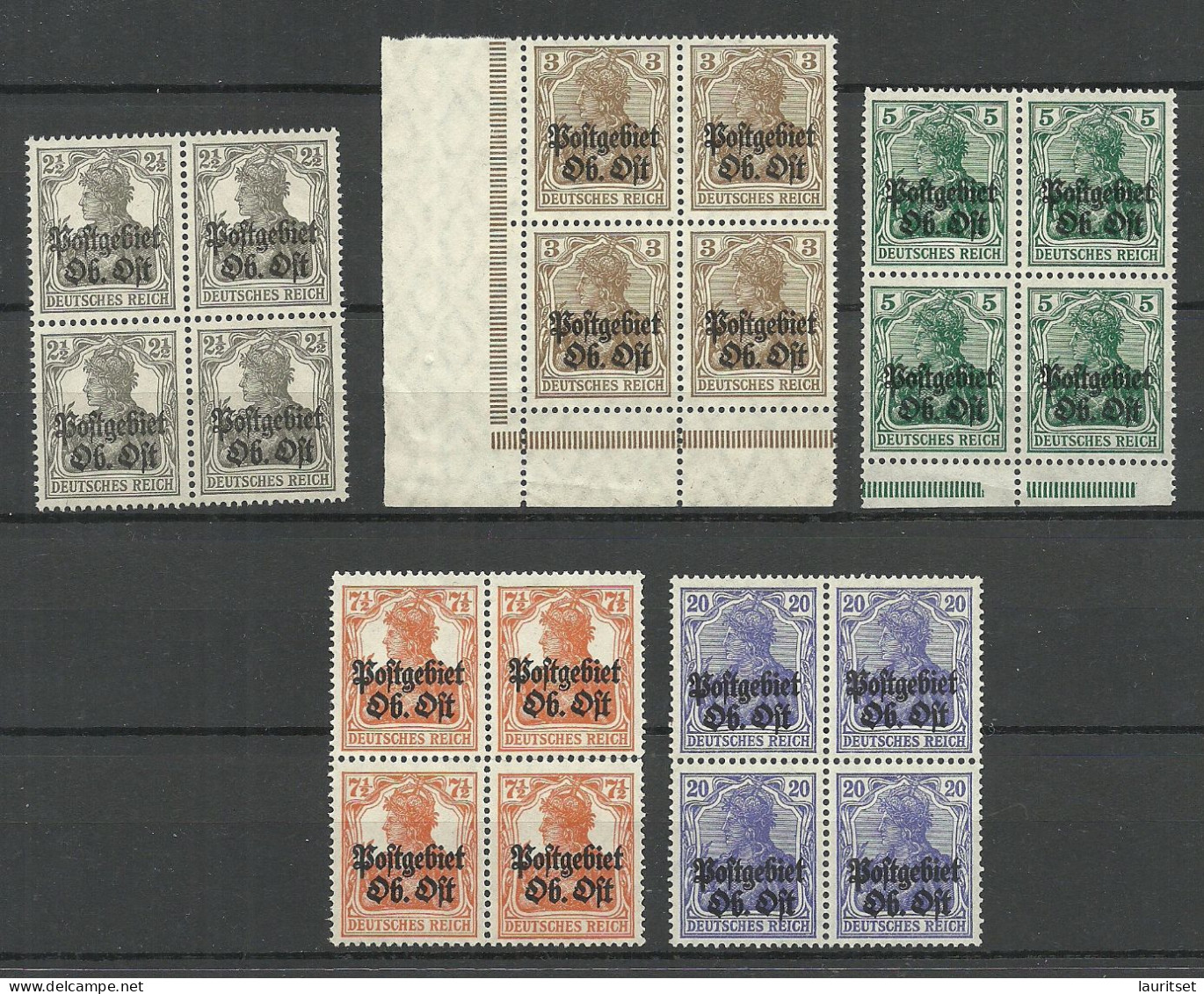 German Occupation WWI Postgebiet Ober-Ost 1916/1918 - 5 X 4-block (*) Mint No Gum / Ohne Gummi - Ocupación 1914 – 18
