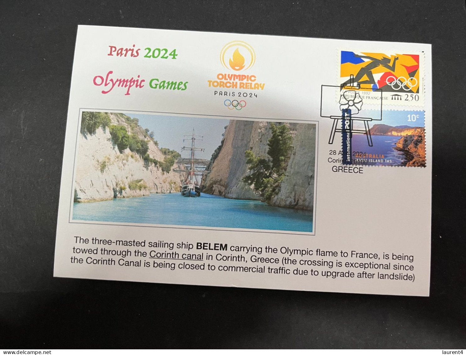 5-5-2024 (4 Z 12 B) Paris Olympic Games 2024 - The Olympic Flame Travel On Sail Ship BELEM Via The Corinth Canal (France - Summer 2024: Paris