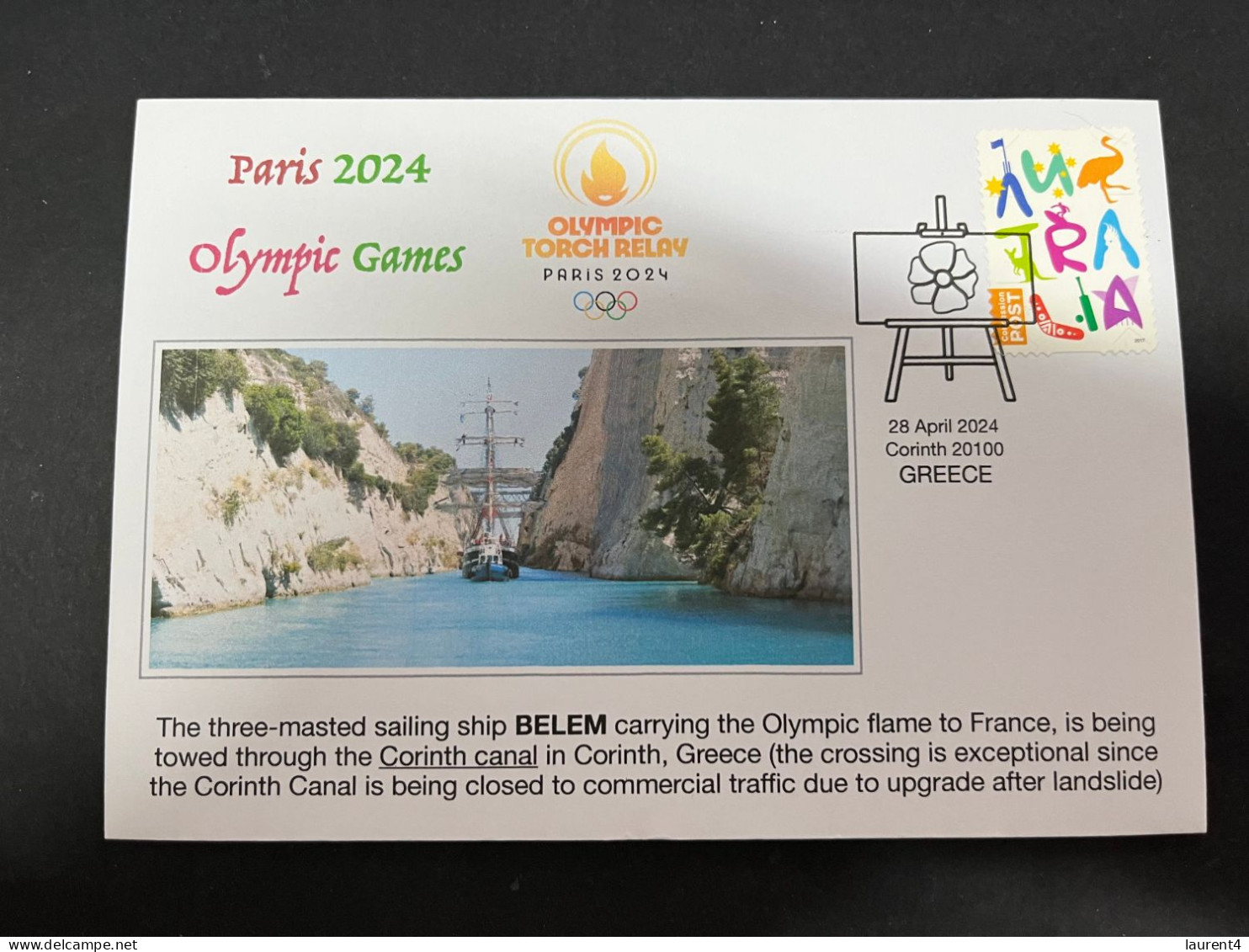 5-5-2024 (4 Z 12 B) Paris Olympic Games 2024 - The Olympic Flame Travel On Sail Ship BELEM Via The Corinth Canal (OZ) - Sommer 2024: Paris