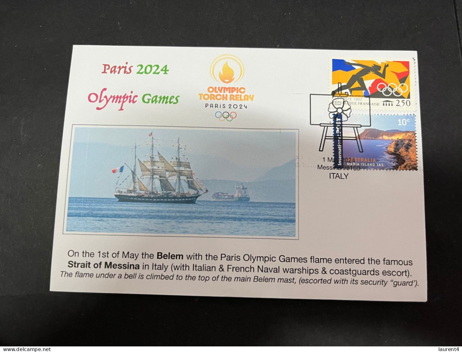 5-5-2024 (4 Z 12B) Paris Olympic Games 2024 - The Olympic Flame Travel On Sail Ship BELEM Via The Stait Of Messine (Fr.) - Summer 2024: Paris