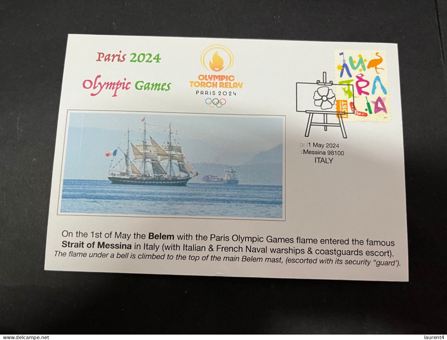 5-5-2024 (4 Z 12B) Paris Olympic Games 2024 - The Olympic Flame Travel On Sail Ship BELEM Via The Stait Of Messine (OZ) - Verano 2024 : París