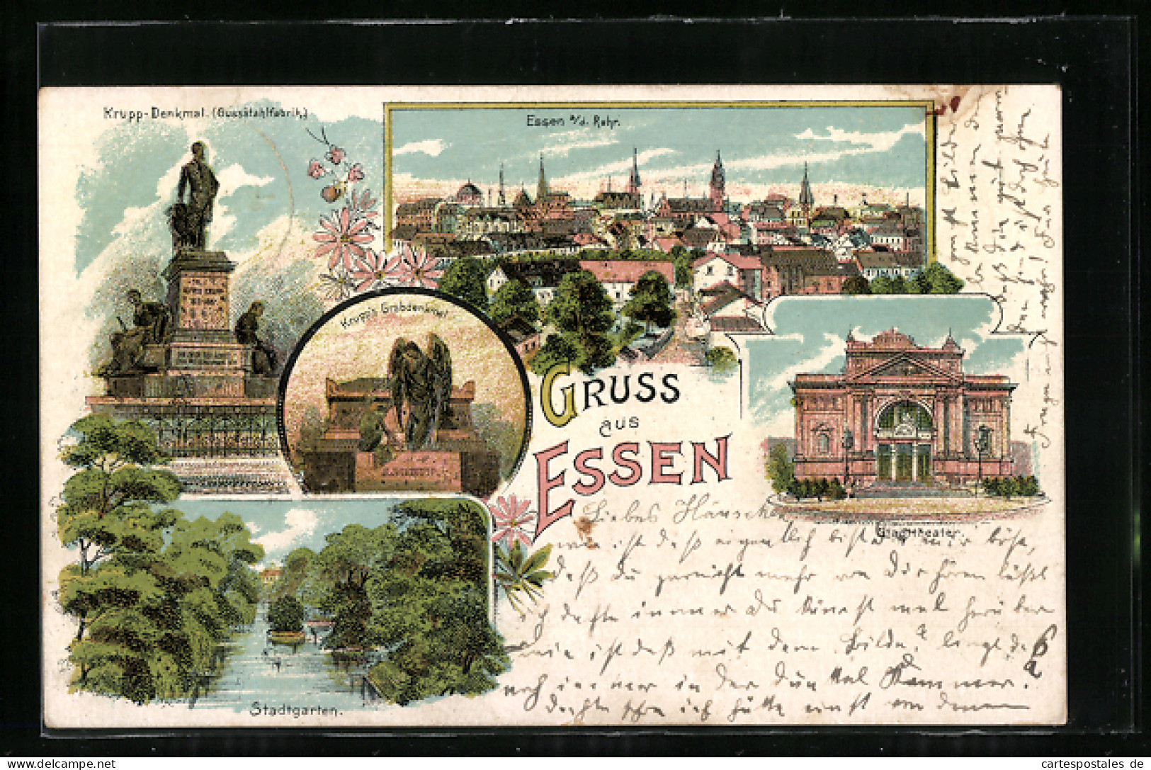 Lithographie Essen A. D. Ruhr, Gesamtansicht, Krupps Grabdenkmal, Stadtgarten Und Stadttheater  - Theatre