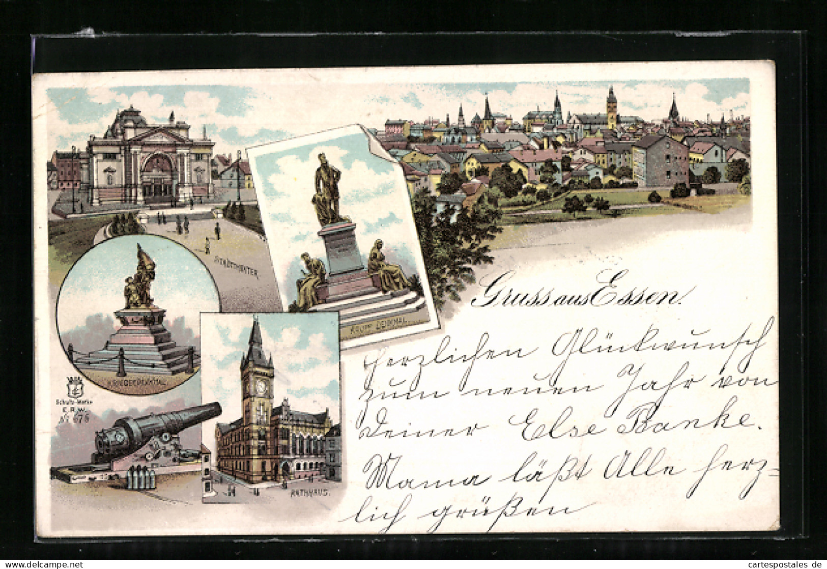 Lithographie Essen, Krupp-Kanone, Stadttheater, Krupp-Denkmal, Rathaus, Ortspartie  - Théâtre
