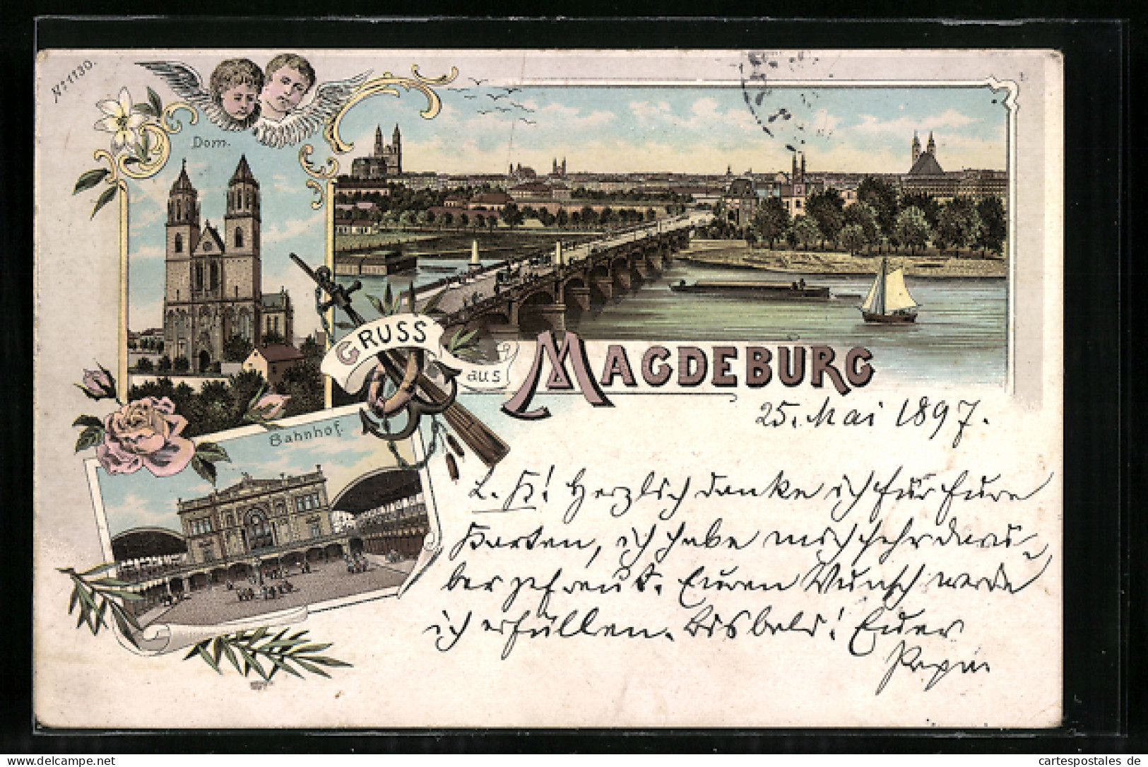 Lithographie Magdeburg, Bahnhof, Dom Und Flusspartie Mit Brücke  - Magdeburg