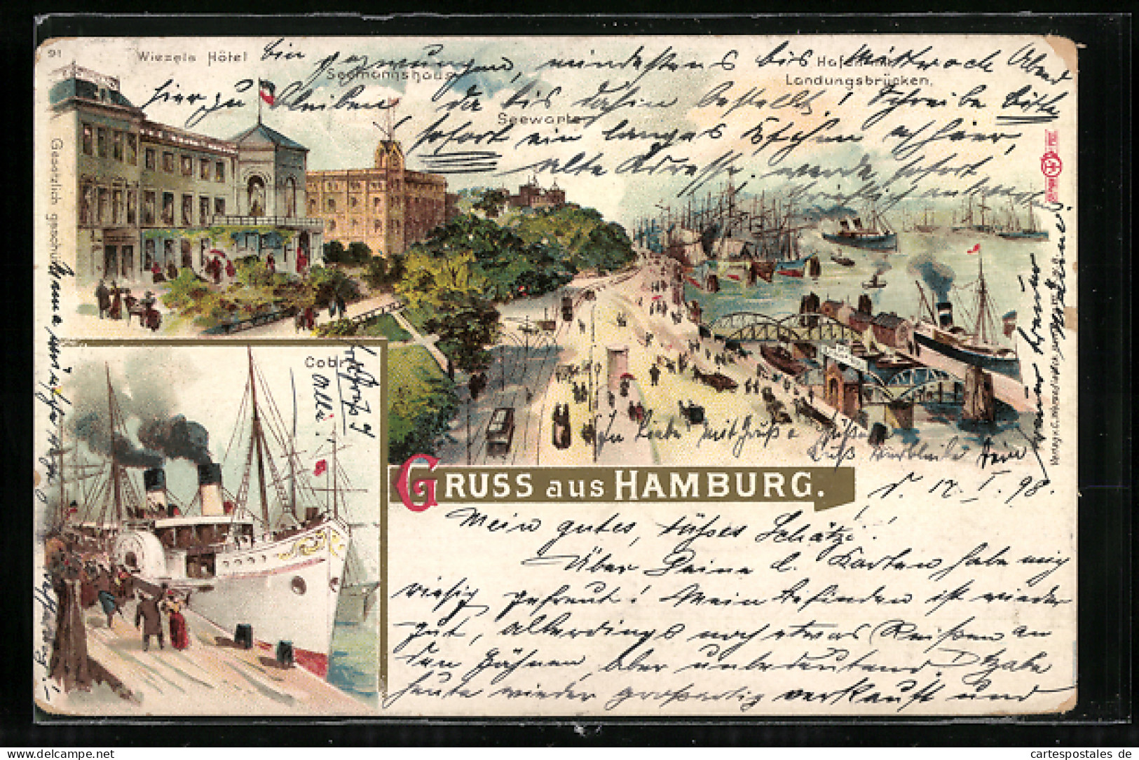 Lithographie Hamburg-St. Pauli, Wiezels Hotel Mit Seemannshaus Und Seewarte, Hafen Mit Landungsbrücken, Cobra  - Mitte