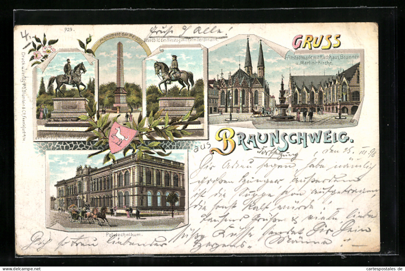 Lithographie Braunschweig, Monument Der Herzöge, Polytechnikum, Altstadtmarkt Mit Rathaus, Brunnen U. Martinikirche  - Braunschweig