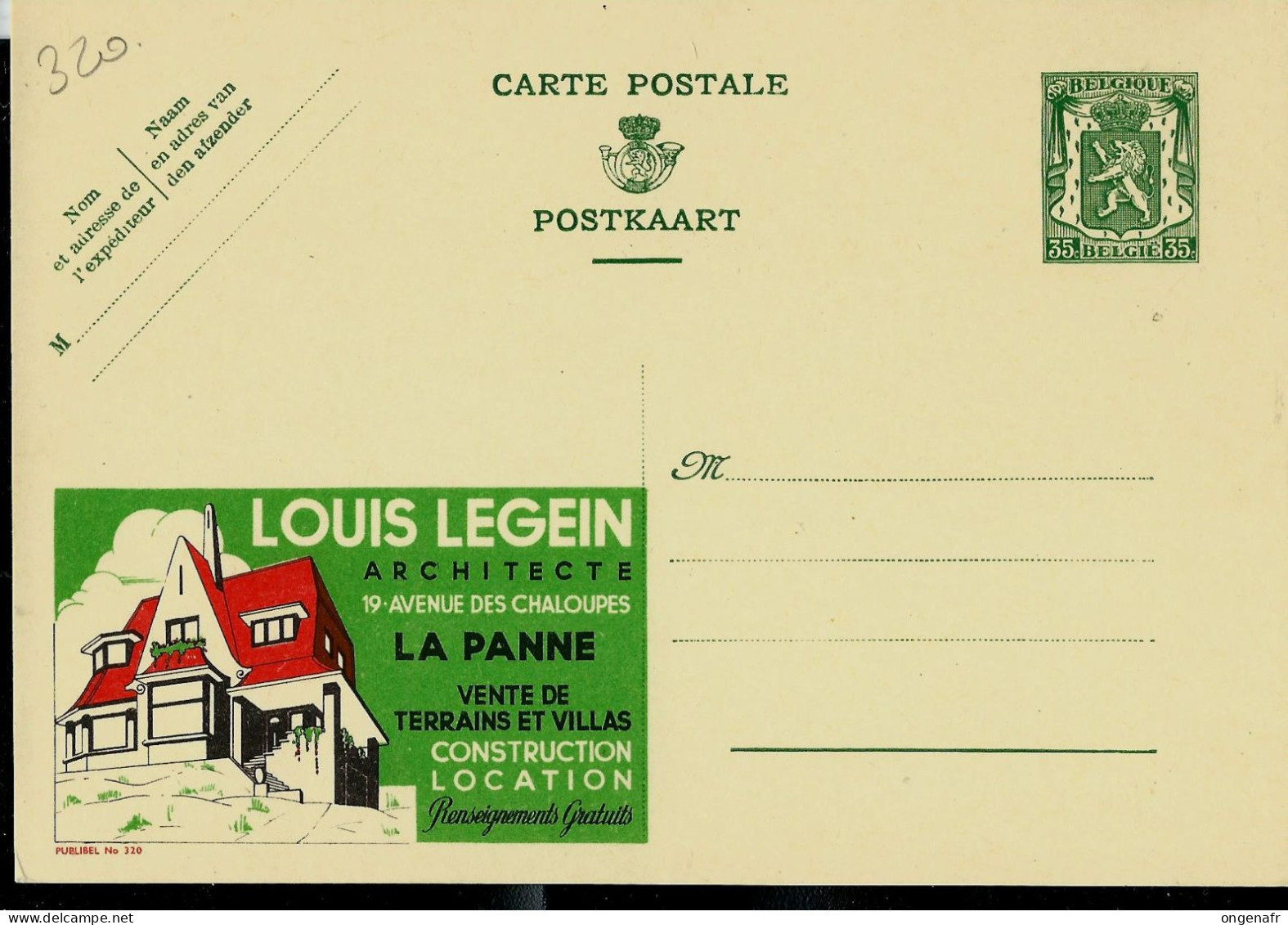 Publibel Neuve N° 320 ( Louis LEGEIN - Architecte à LA PANNE ) - Publibels