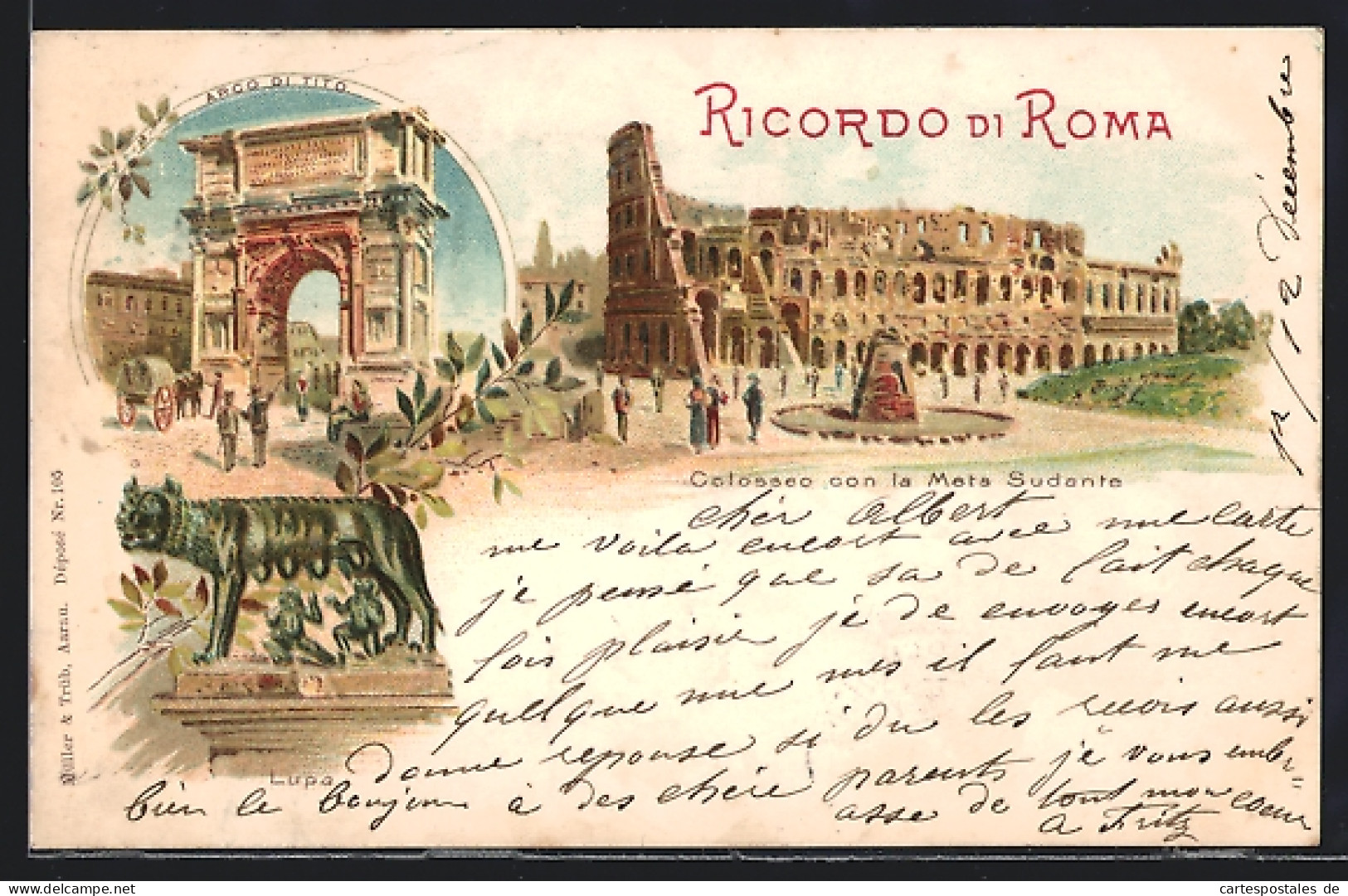 Lithographie Roma, Colosseo Con La Meta Sudante, Arco Di Tito, Lupa  - Sonstige & Ohne Zuordnung