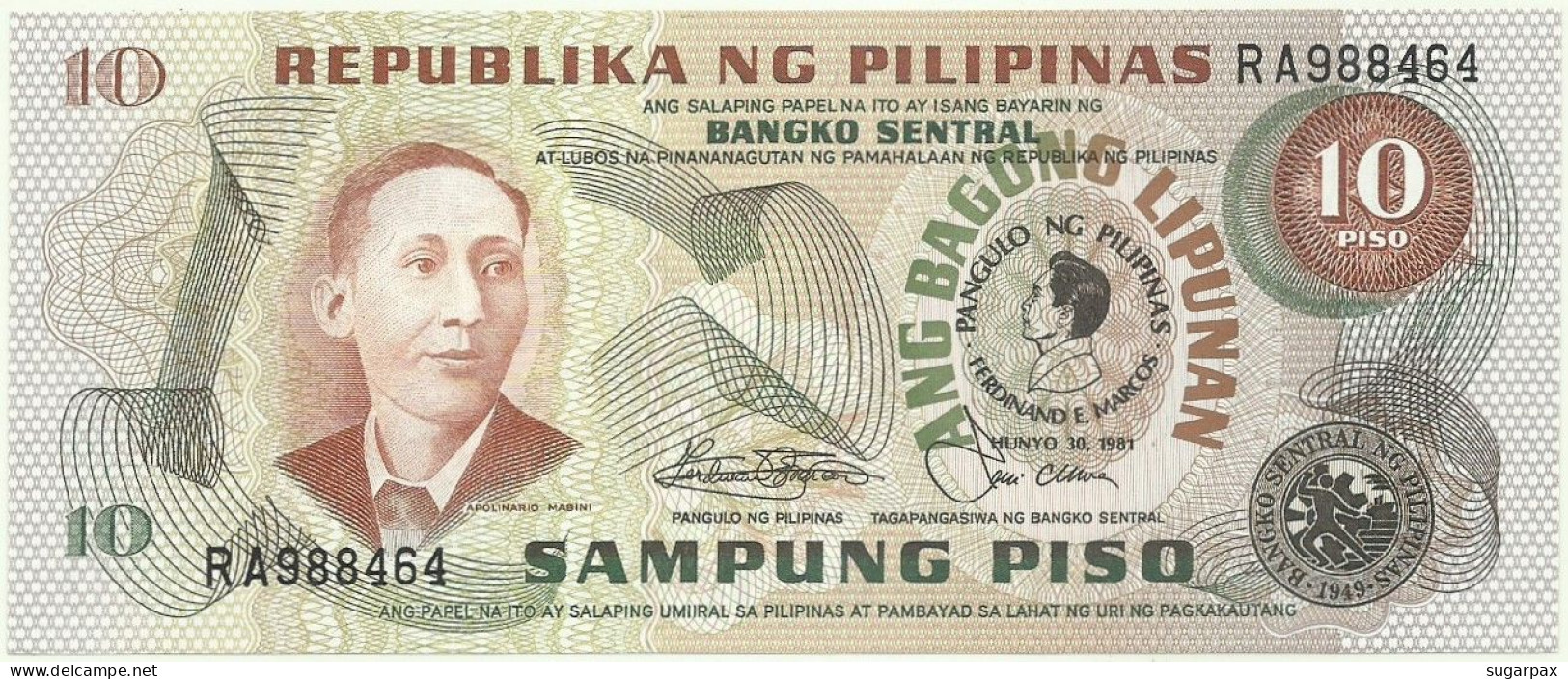 PHILIPPINES - 10 Piso 1981 Inauguration Of Pres. Marcos Pick 167.a Unc. Sign. 9 Serie RA Seal Type 4 Commemorative Issue - Filippijnen