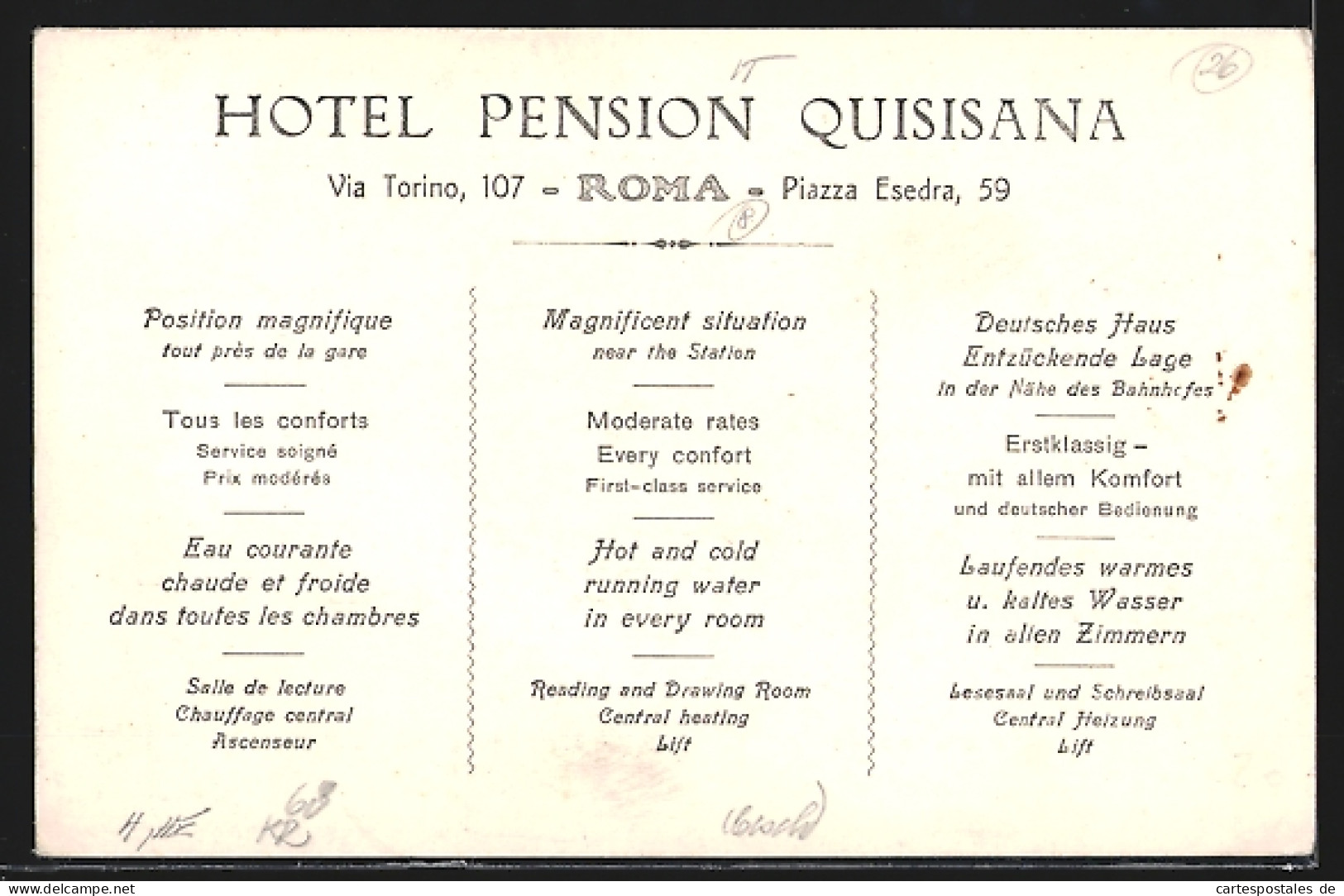 Cartolina Roma, Hotel Pension Quisiana, Via Torino, 107  - Sonstige & Ohne Zuordnung