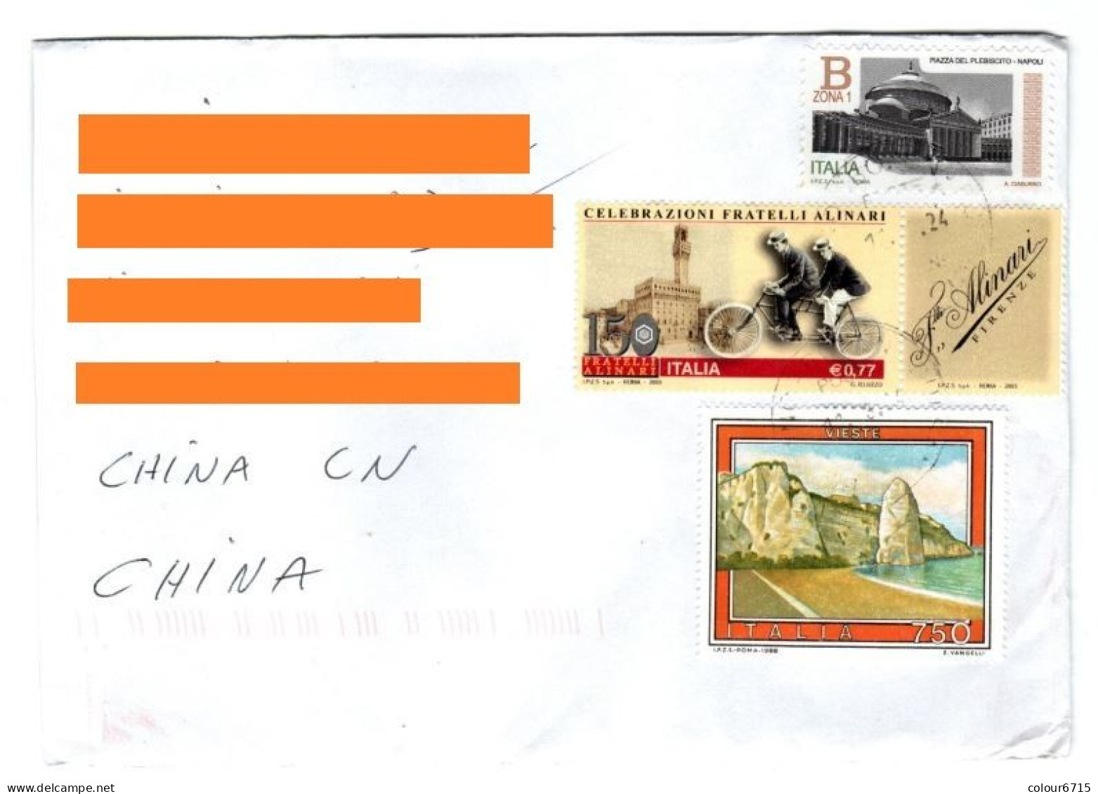 Italy Air Mail Cover To China — 1998 Tourism/2003 Alinari Brothers/2016 Napoli Piazza Del Plebiscito Stamps 3v - 2021-...: Marcophilia