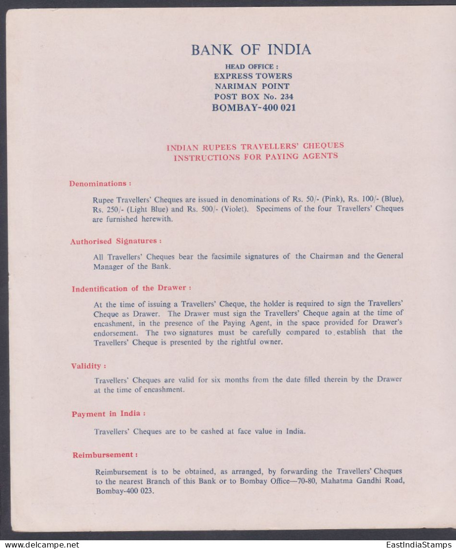 Inde India Bank Of India Specimen Travellers' Checques, Checks - Unclassified