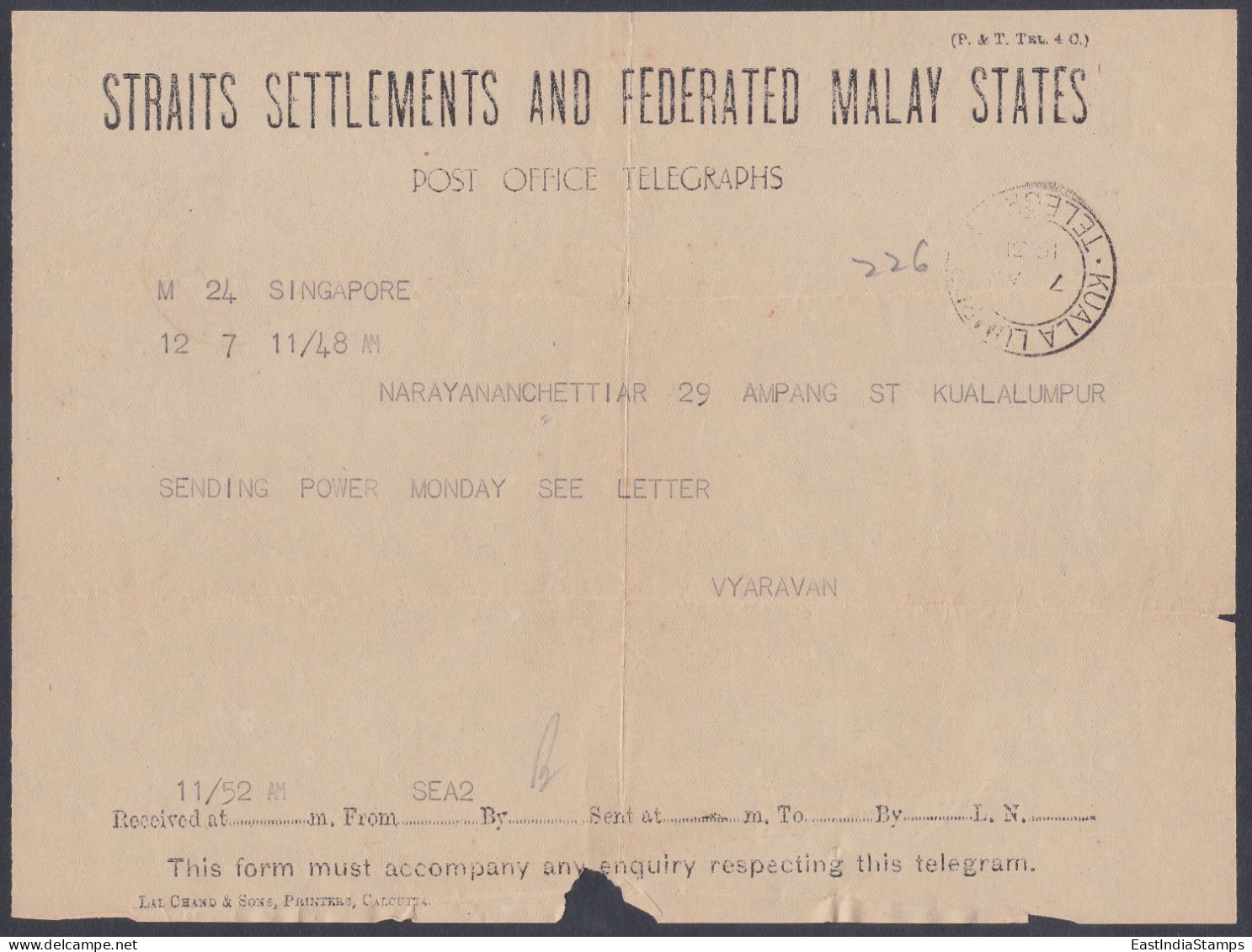 British Straits Settlements And Federated Malay States 1948 Telegram, Malaysia - Straits Settlements