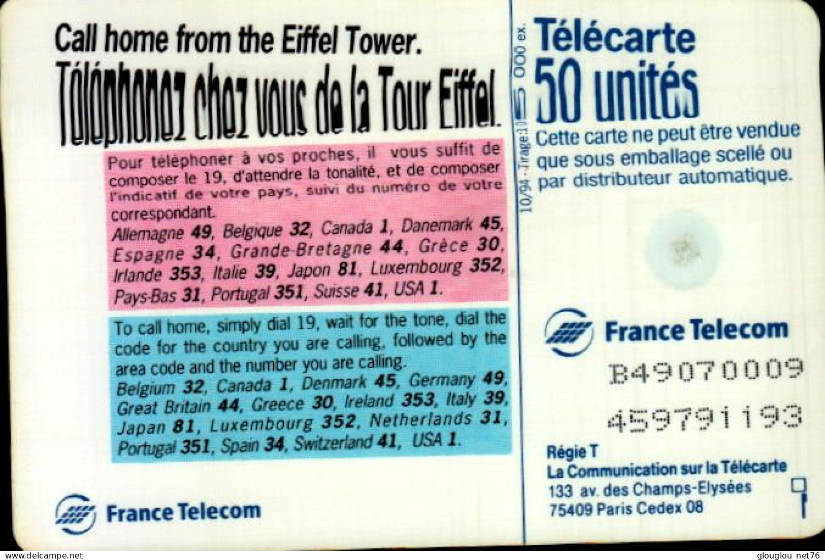 TELECARTE 50..FRANCE TELECOMM...TOUT EIFFEL - 50 Unités   
