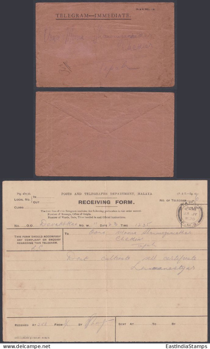 British Malaya 1938 Telegram, Malaysia - Malaya (British Military Administration)