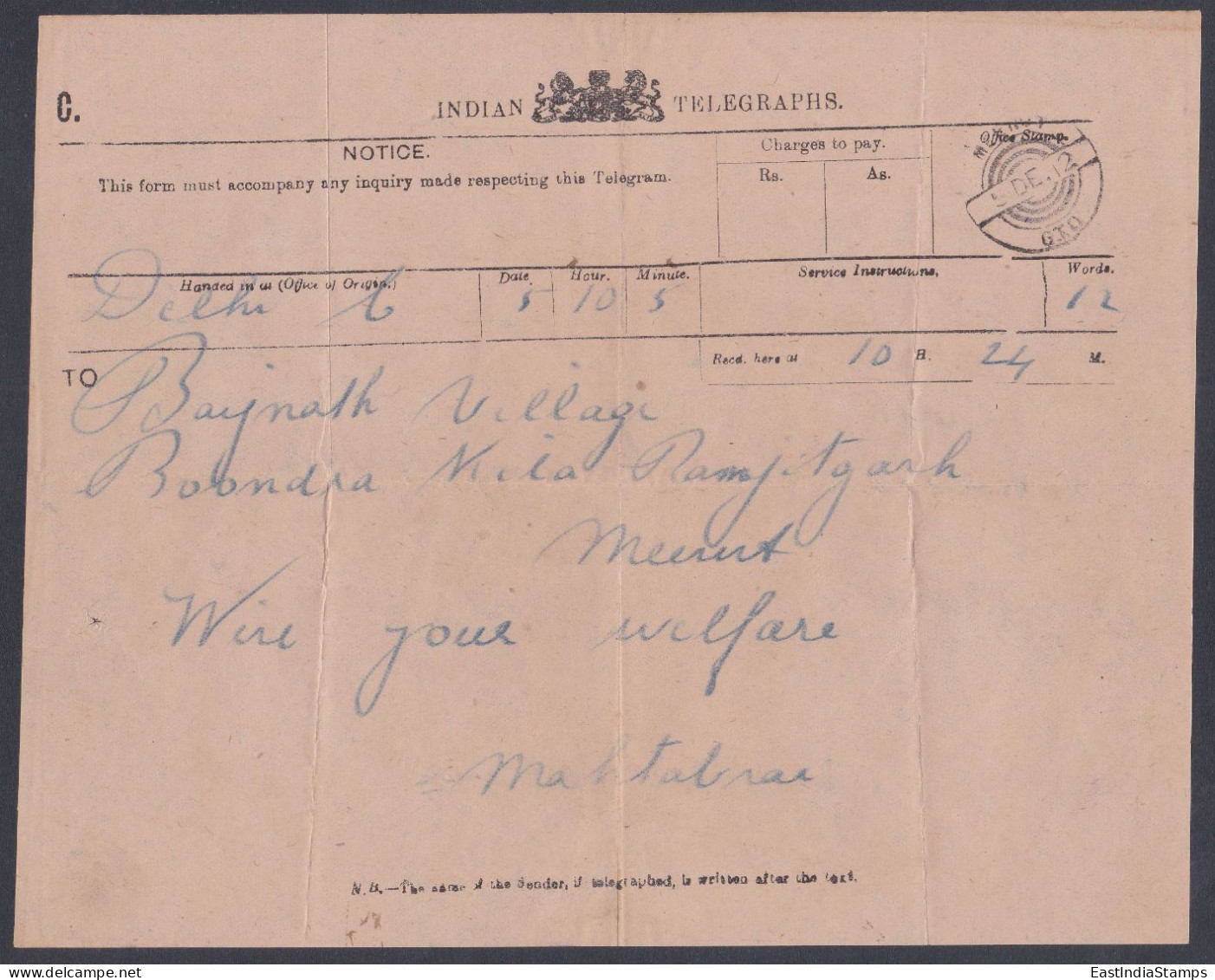 Inde British India 1912 Telegram - 1911-35 Koning George V