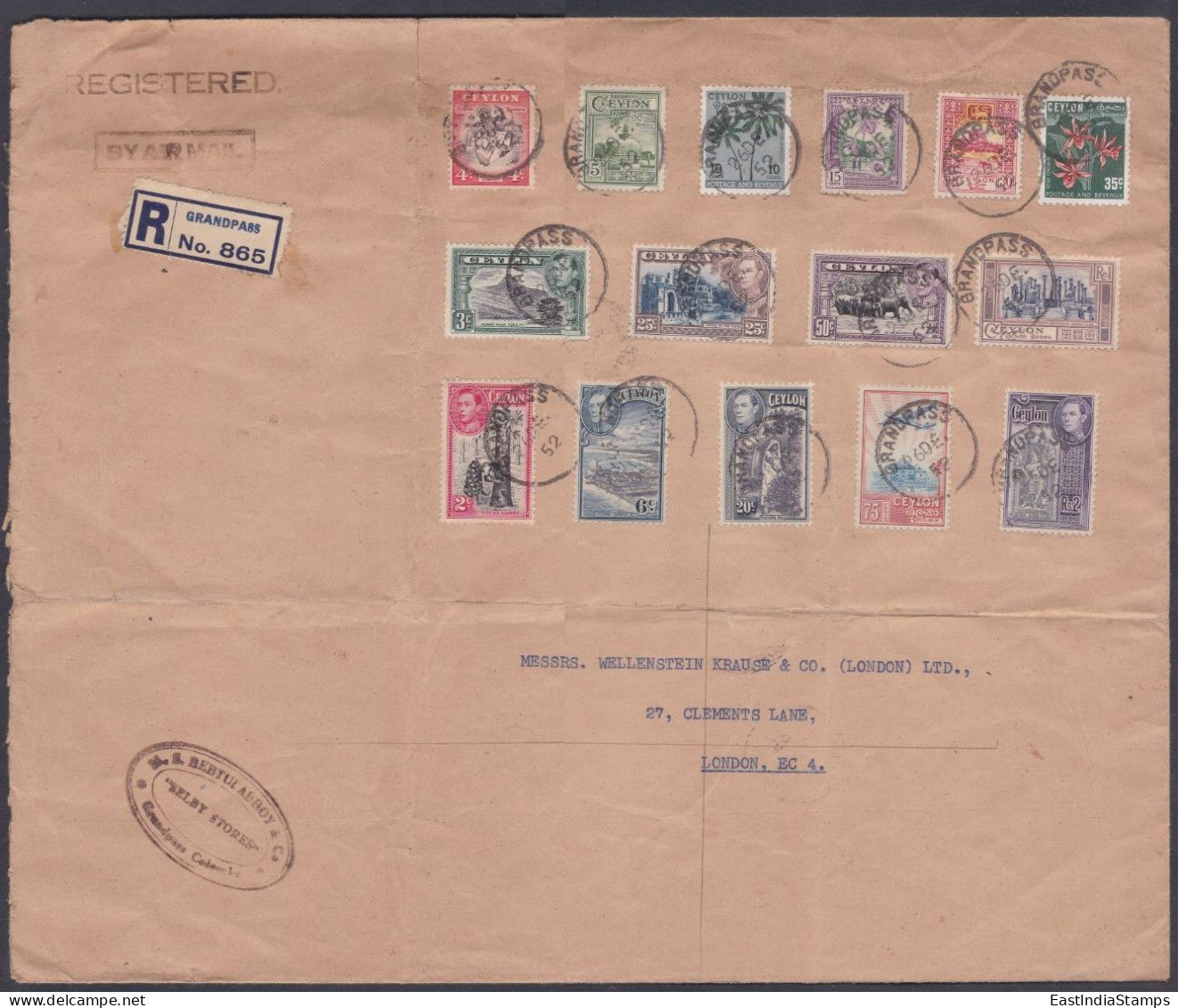 Sri Lanka British Ceylon 1952 Registered Airmail Cover To London, King George VI, Aeroplane, Airplane, Mountain Elephant - Ceylon (...-1947)