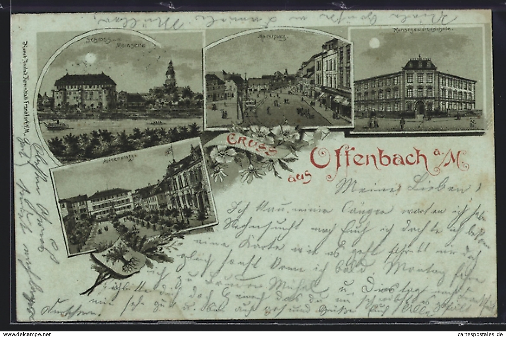 Mondschein-Lithographie Offenbach A. M., Schloss, Marktplatz, Kunstgewerbeschule, Alicenplatz  - Offenbach