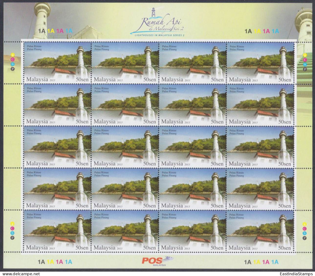 Malaysia 2013 MNH Lighthouses In Malaysia, Light House, Pulau Rimau, Pinang, Lighthouse Sheet - Malaysia (1964-...)