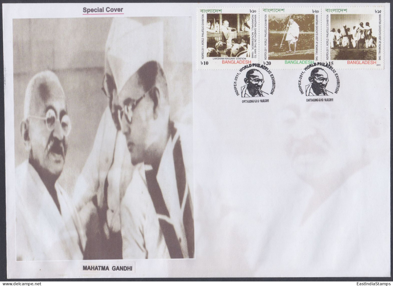 Bangladesh 2011 Private Cover Mahatma Gandhi Se-tenant, Indipex Delhi Stamp Exhibition, Indian Independence Leader - Bangladesch