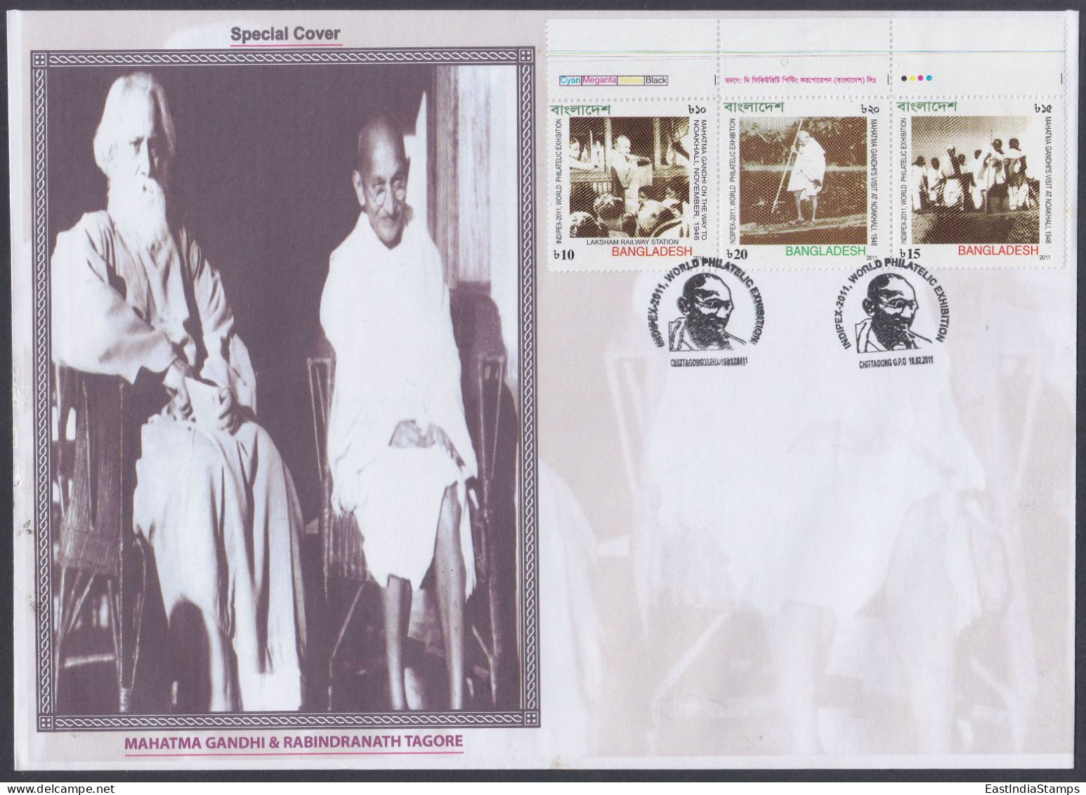 Bangladesh 2011 Private Cover Mahatma Gandhi Se-tenant, Indipex Delhi Stamp Exhibition, Indian Independence Leader - Bangladesh