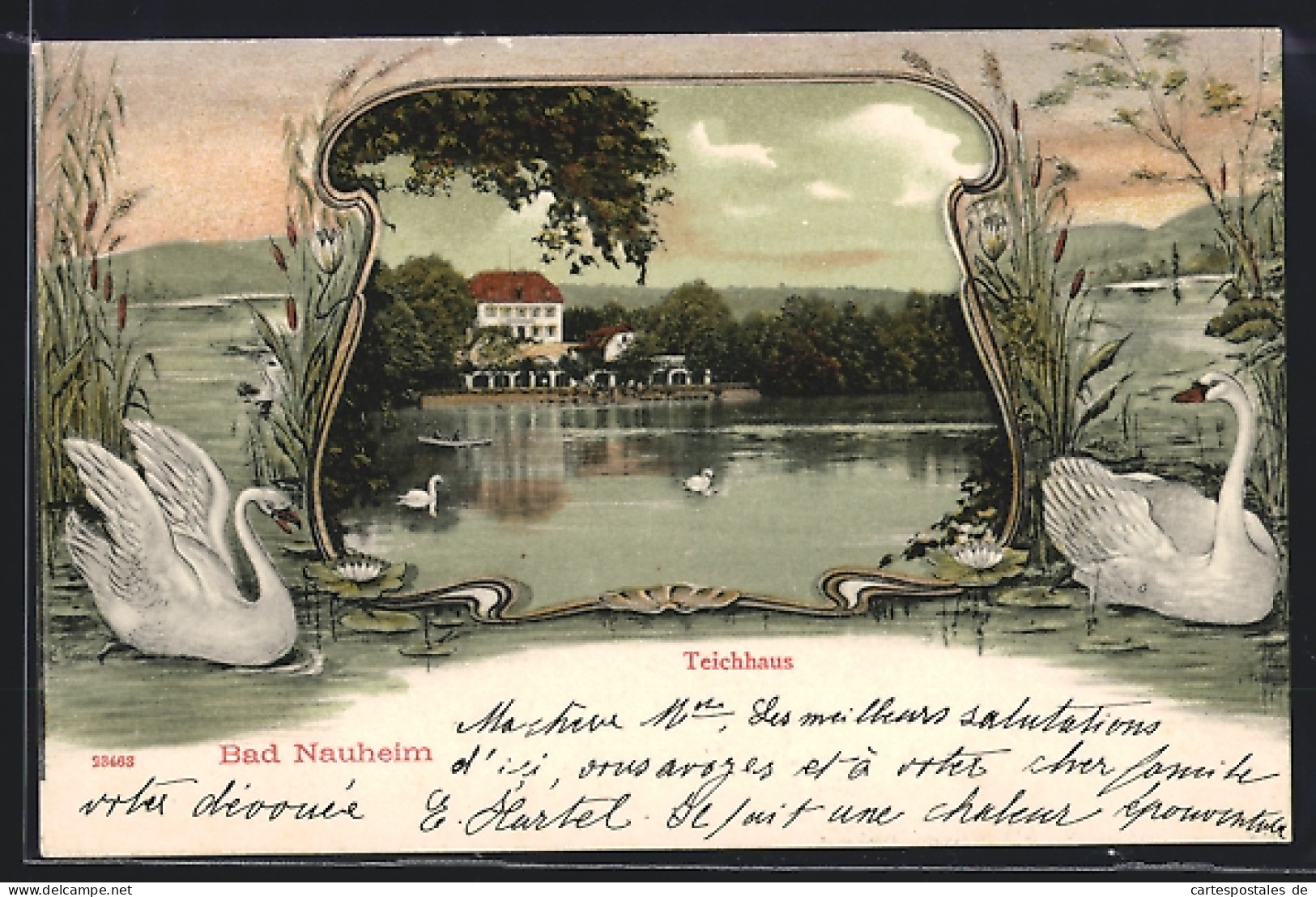 Passepartout-AK Bad Nauheim, Teichhaus Am See Mit Schwänen  - Bad Nauheim