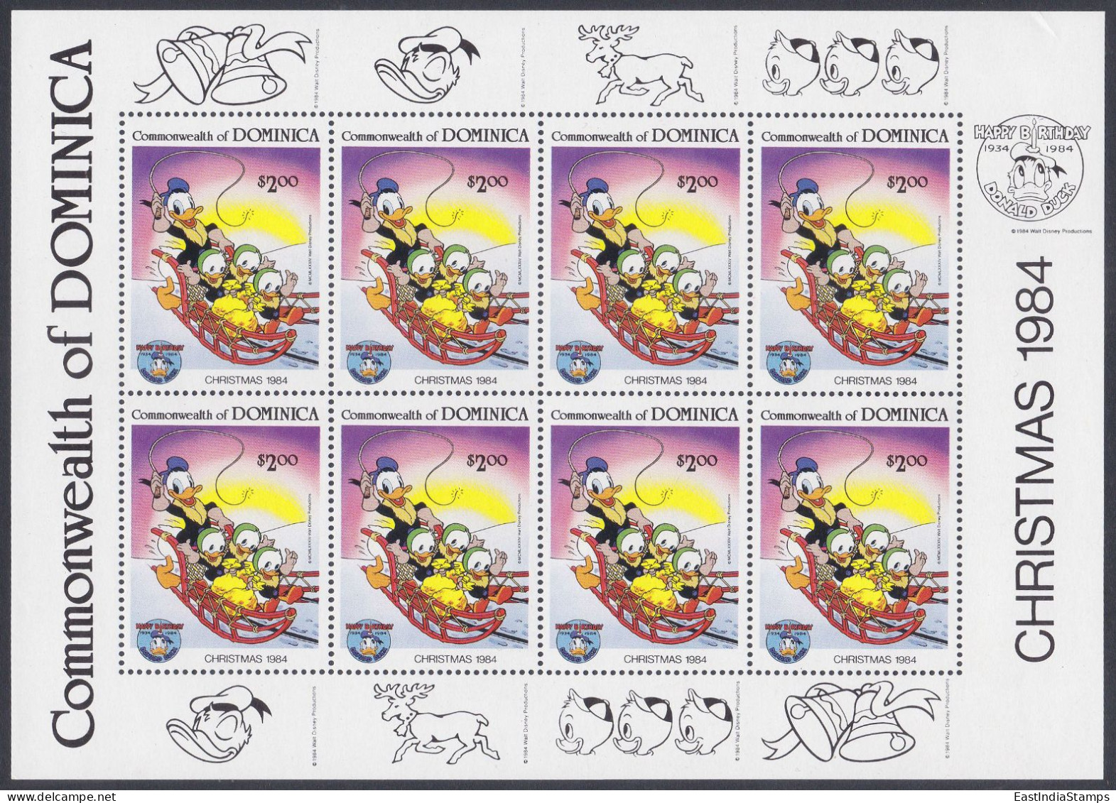 Dominica 1984 MNH Sheet Christmas, Disney, Donald Duck, Cartoon, Children, Reindeer, Bells - Dominique (1978-...)