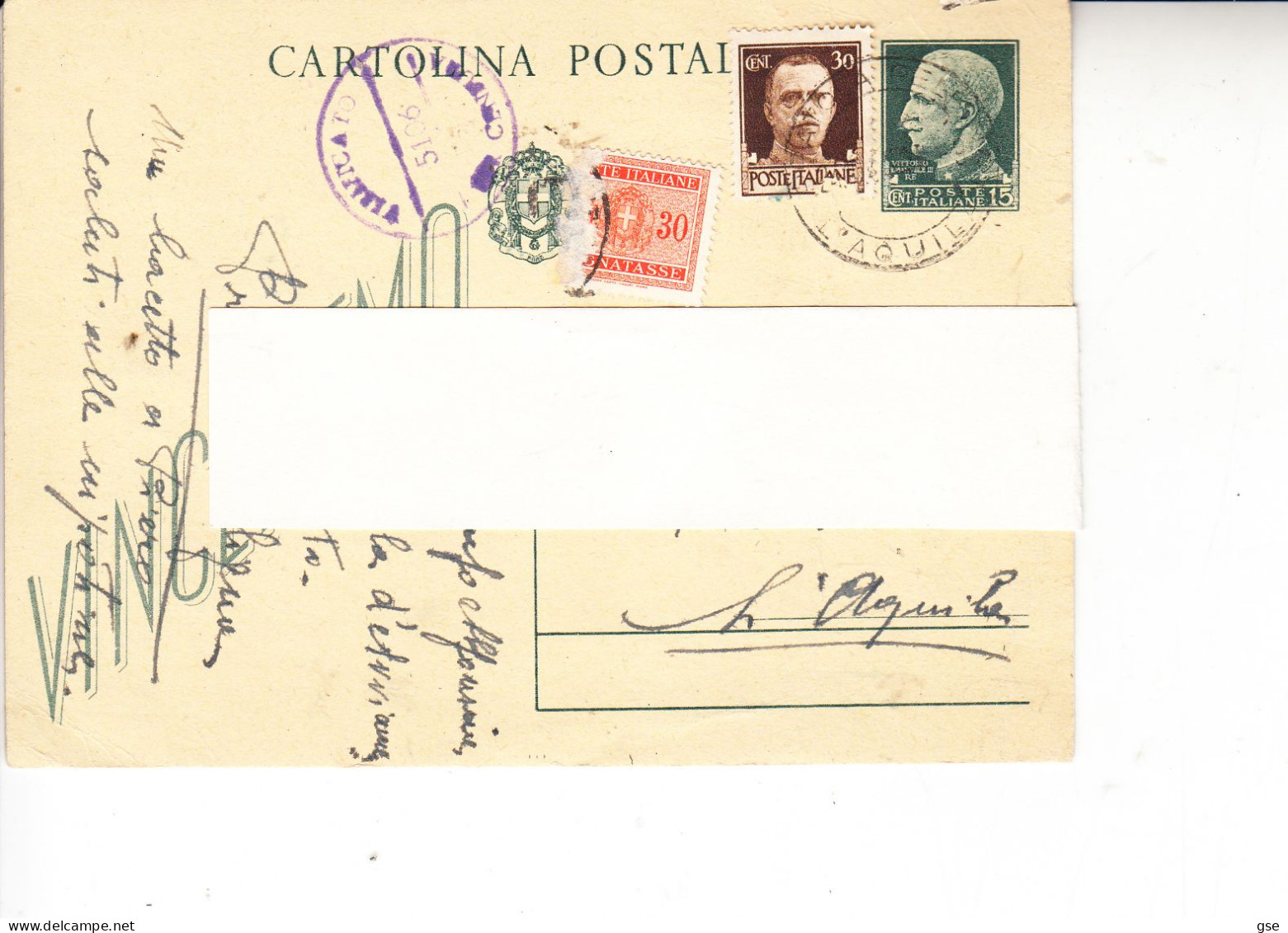 ITALIA  1944 - Intero Postale Da Pratola Peligna A L'Aquila - Tassato E Verificato Censura - Marcophilia