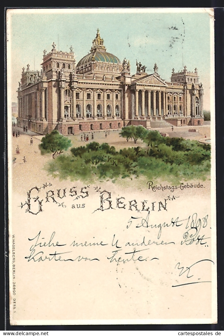 Lithographie Berlin-Tiergarten, Das Reichstags-Gebäude, Beleuchtete Fenster  - Tiergarten