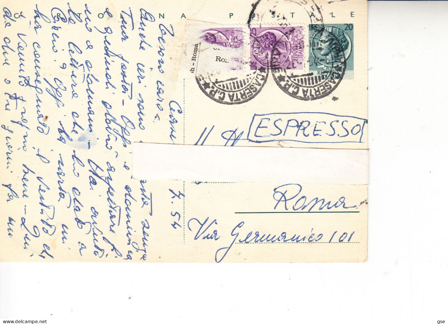 ITALIA  1954 - Intero Postale ESPRESSO Da  Caserta A Roma - Stamped Stationery