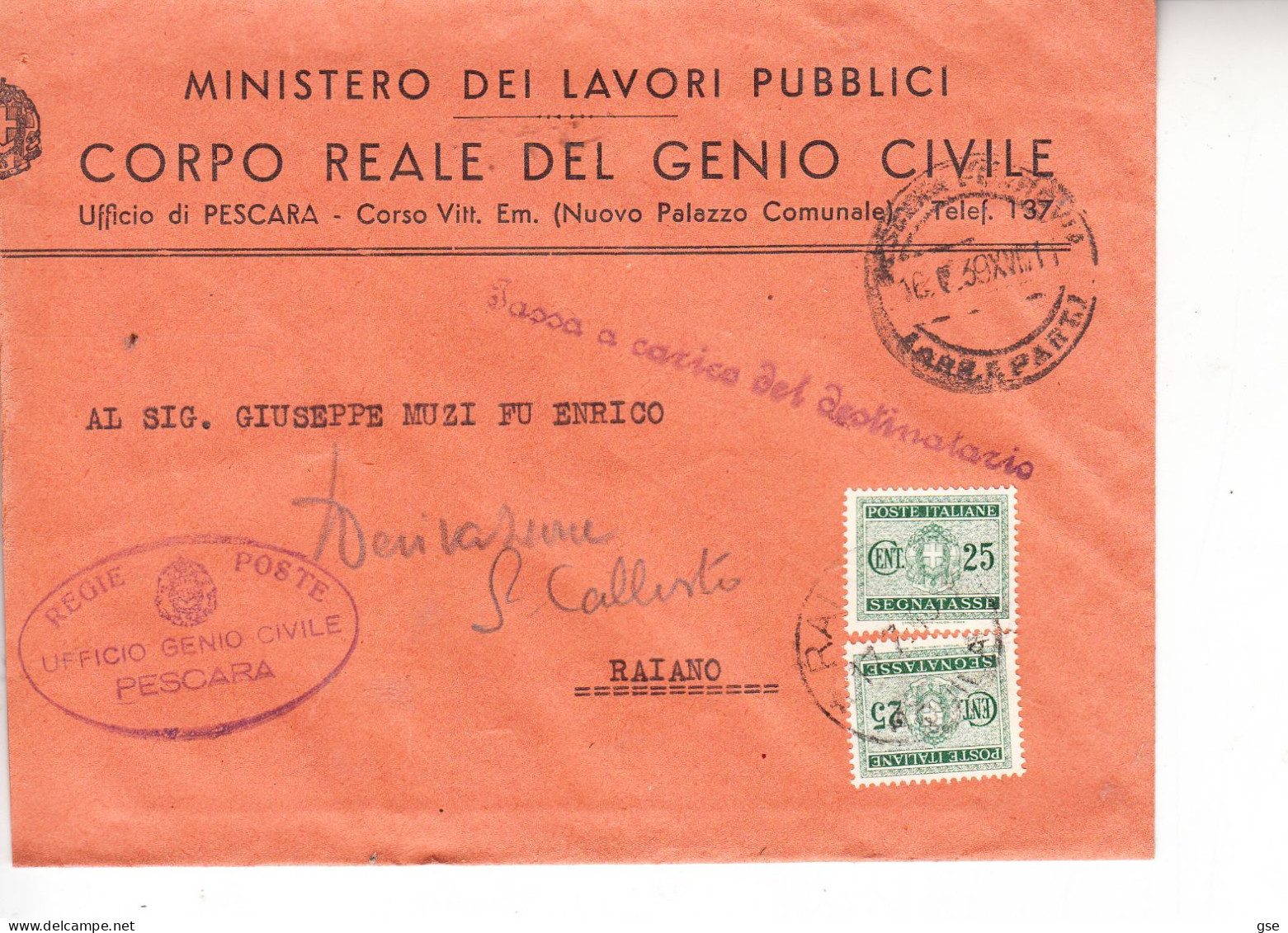 ITALIA  1939 - Lettera Tassata Da Pescara A Raiano - Corpo Reale Del Genio Civile - Postage Due