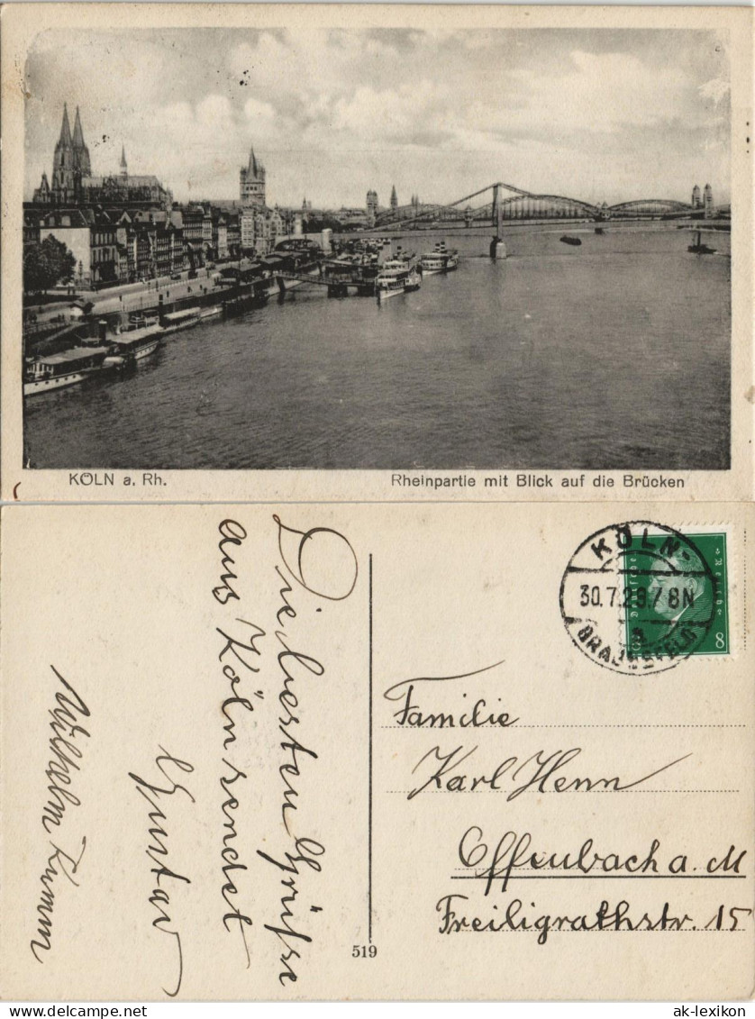 Ansichtskarte Köln Rheinpartie Mit Blick Auf Die Brücken 1928 - Koeln