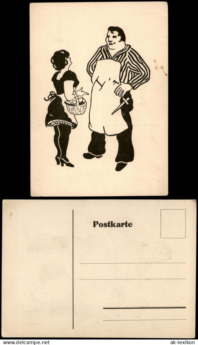 Ansichtskarte  Scherenschnitt/Schattenschnitt Frau Mit Korb Vor Mann 1928 - Scherenschnitt - Silhouette