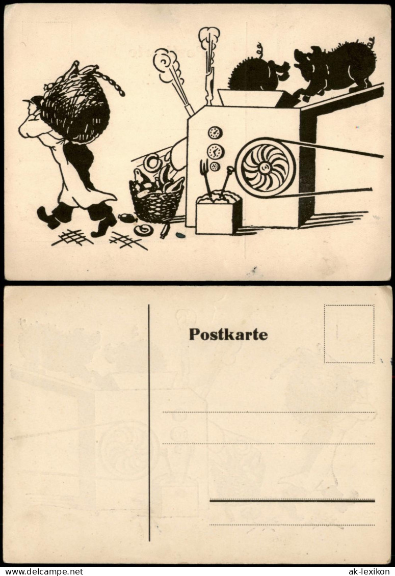 Wurstmaschine Politik Scherzkarte Scherenschnitt/Schattenschnitt 1928 - Silhouette - Scissor-type