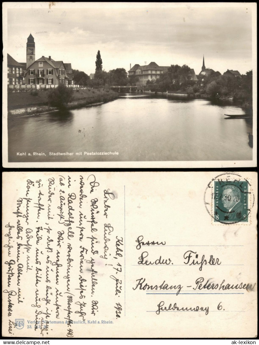 Ansichtskarte Kehl (Rhein) Stadtweiher Mit Pestalozzischule 1930 - Kehl