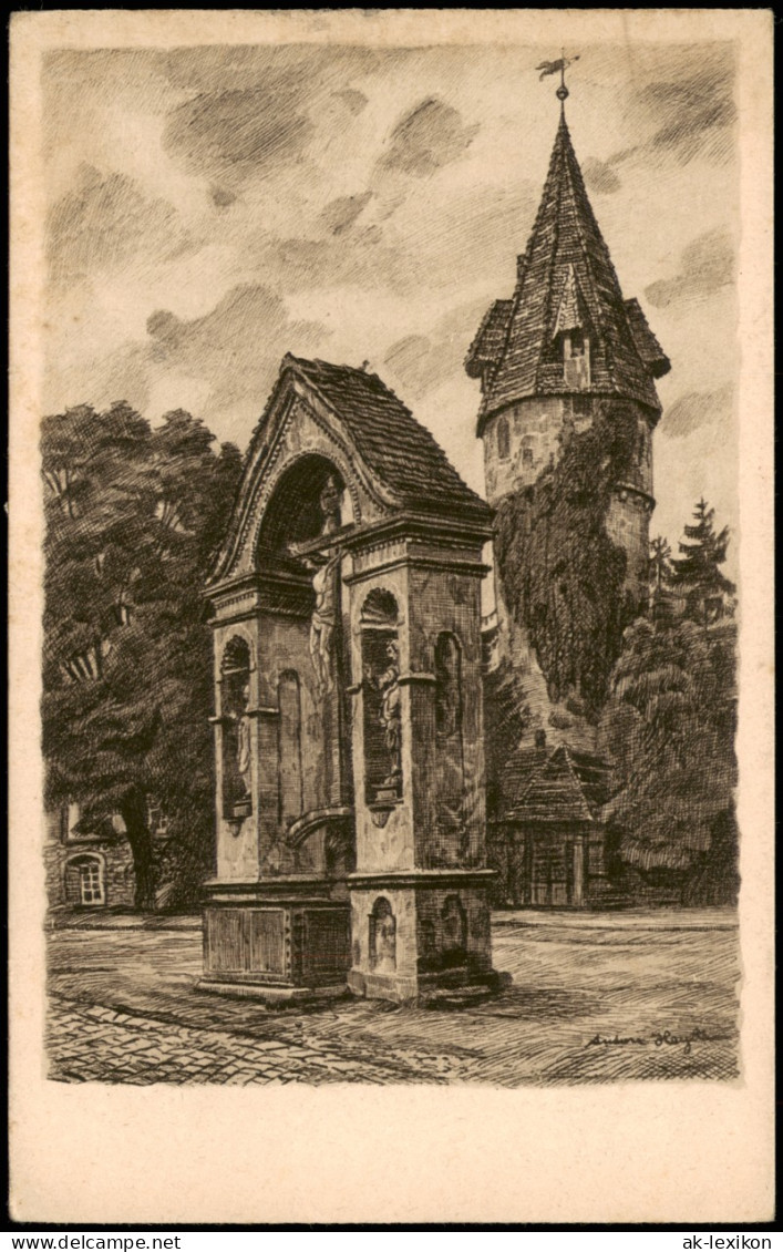 Ravensburg Kreuzbrunnen Hintergrund  Grüne Turm, Künstlerkarte Kunstdruck 1920 - Ravensburg