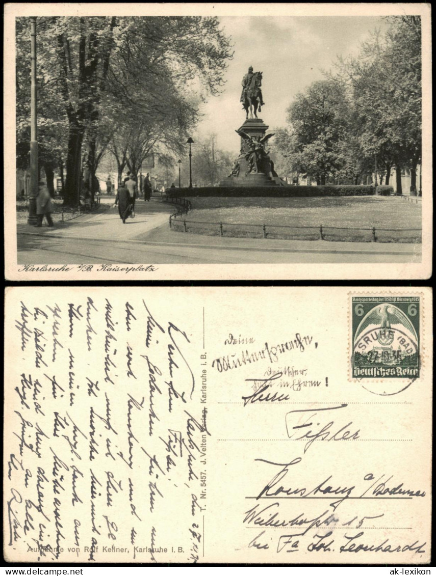 Ansichtskarte Karlsruhe Kaiserplatz Mit Reiter-Denkmal 1935 - Karlsruhe