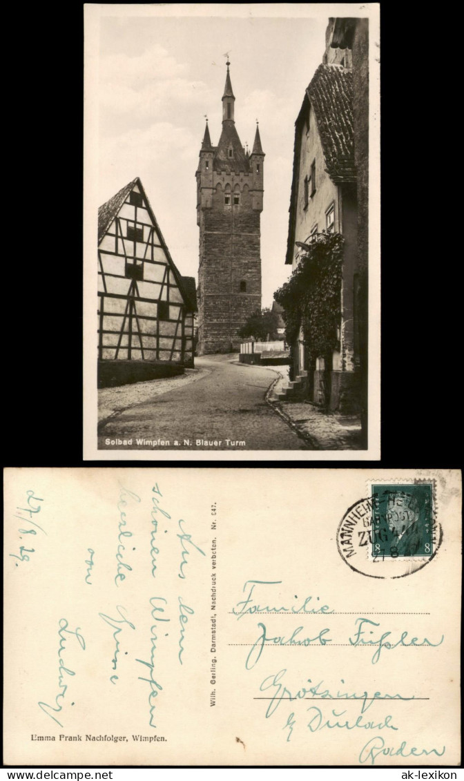 Bad Wimpfen Blauer Turm 1929   Gelaufen Mit Bahnpost (Bahnpoststempel Zug 444) - Bad Wimpfen