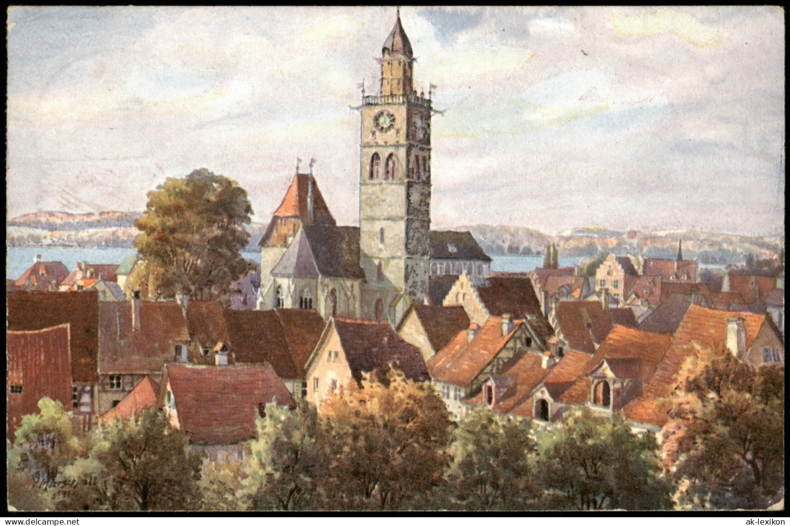 Überlingen Panorama Ansicht; Künstlerkarte Gemalt Von V. Marschall 1927 - Überlingen