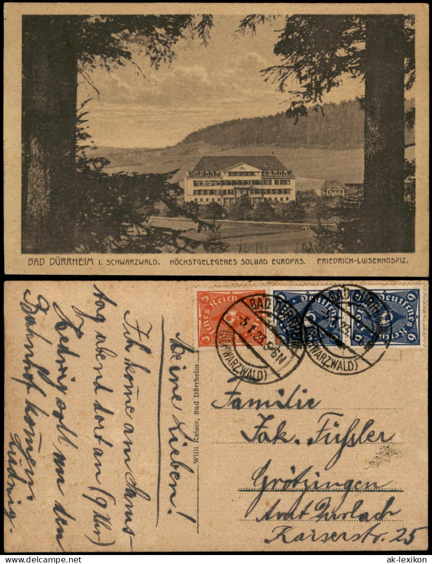 Ansichtskarte Bad Dürrheim SCHWARZWALD SOLBAD FRIEDRICH-LUISENHOSPIZ 1923 - Bad Dürrheim